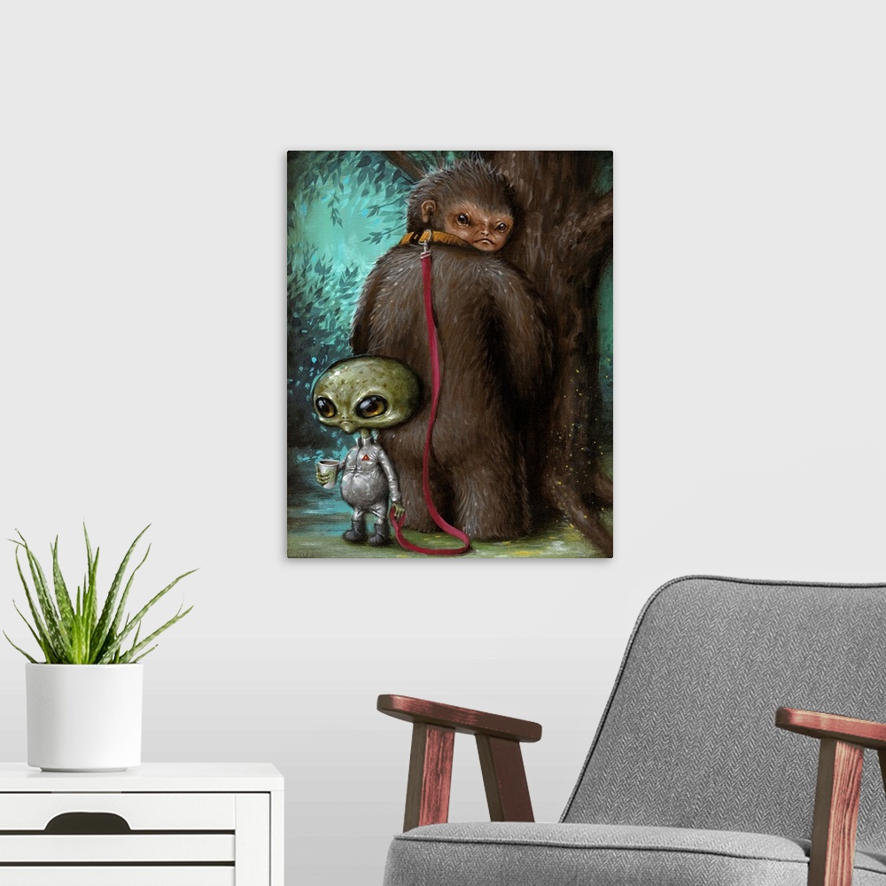 A modern room featuring Surrealist painting of an alien holding a leash attached to a creature resembling a Sasquatch sta...