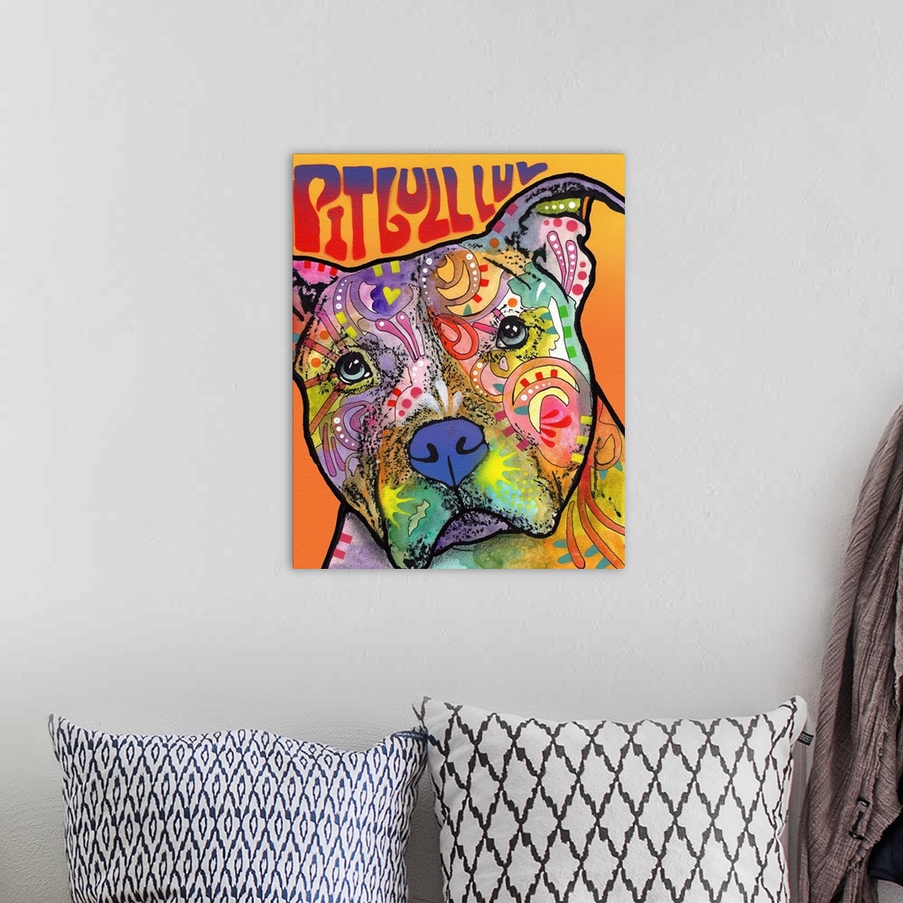 A bohemian room featuring Colorful painting of a pit bull with abstract designs and "Pit Bull Luv" spray painted at the top...