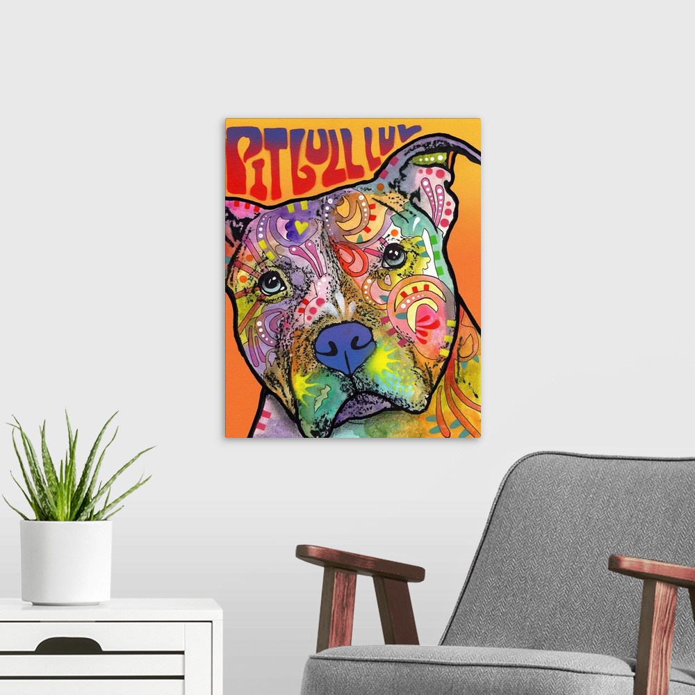 A modern room featuring Colorful painting of a pit bull with abstract designs and "Pit Bull Luv" spray painted at the top...