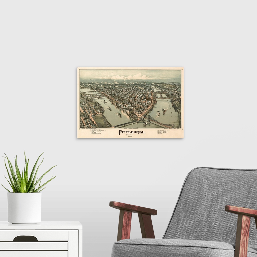 A modern room featuring vintage Map of the City of Pittsburg