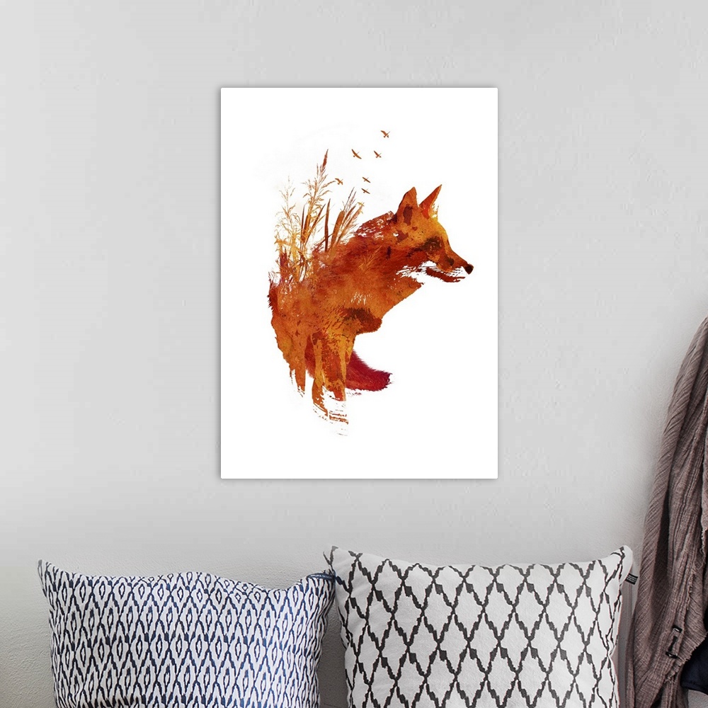 A bohemian room featuring Contemporary artwork of a red fox with paint splatters streaming off it.
