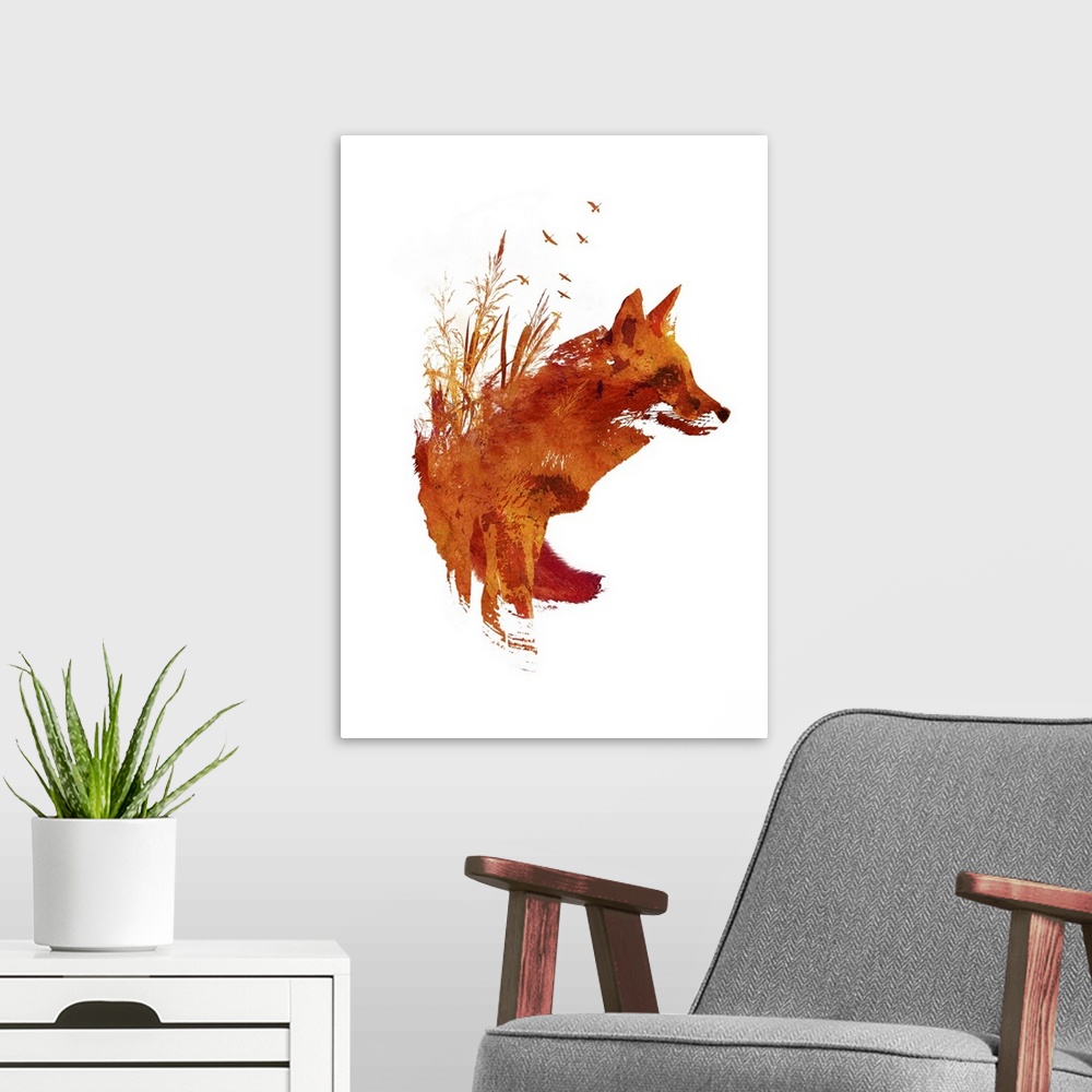 A modern room featuring Contemporary artwork of a red fox with paint splatters streaming off it.