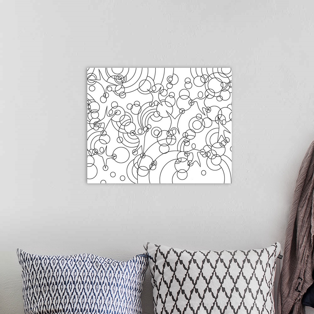 A bohemian room featuring Black and white line art of a group of bubbly shapes.