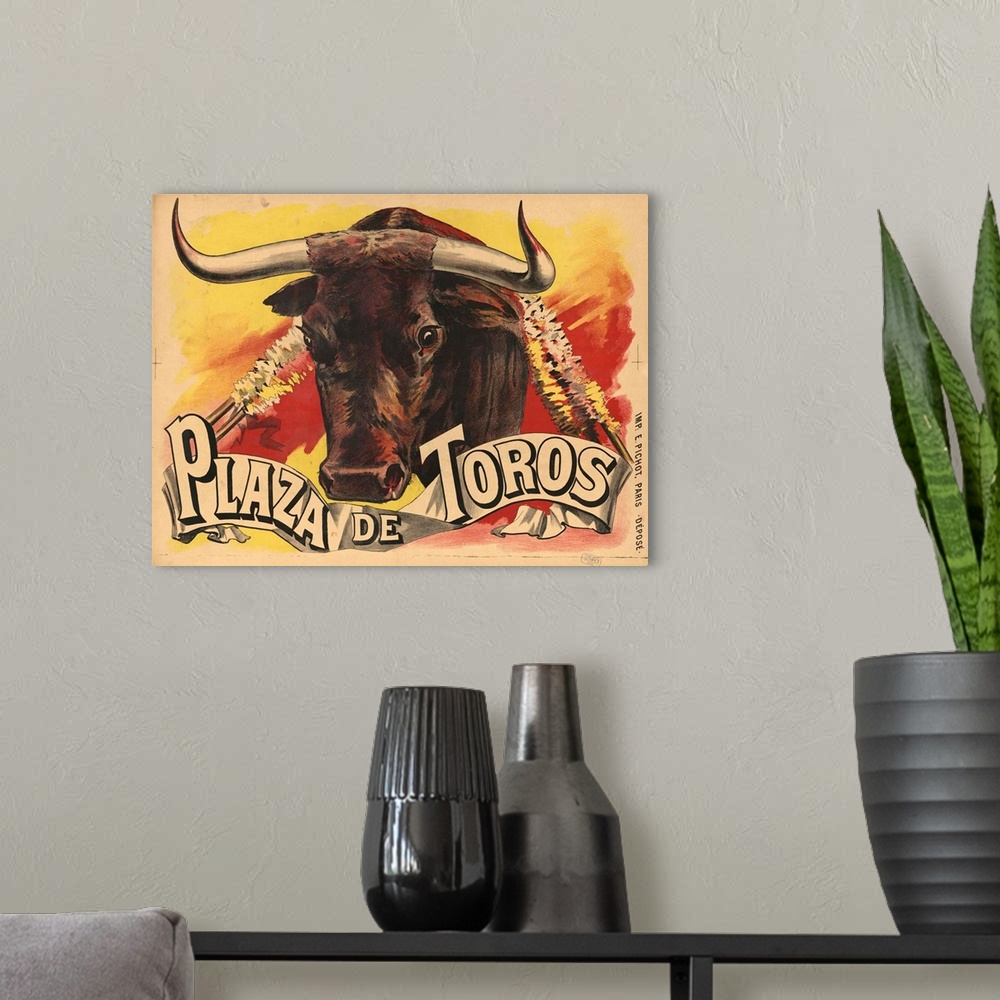 A modern room featuring Vintage advertisement for bull fighting.