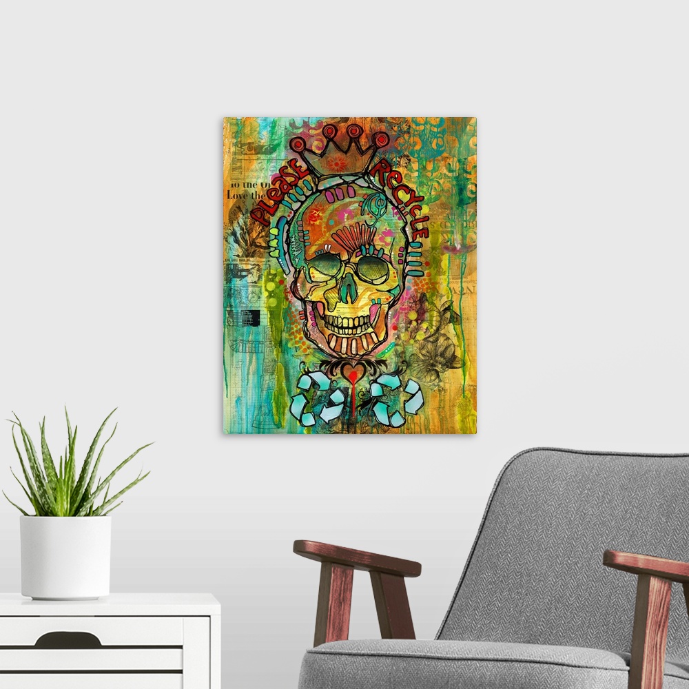 A modern room featuring Colorful illustration with a skull wearing a crown and "Please Recycle" written around it on a co...