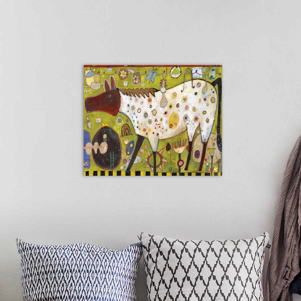A bohemian room featuring Lighthearted contemporary painting of a horse against a green background.