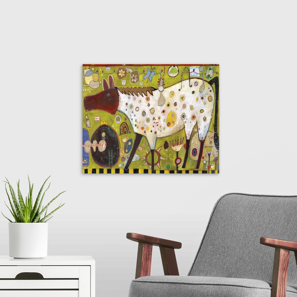 A modern room featuring Lighthearted contemporary painting of a horse against a green background.