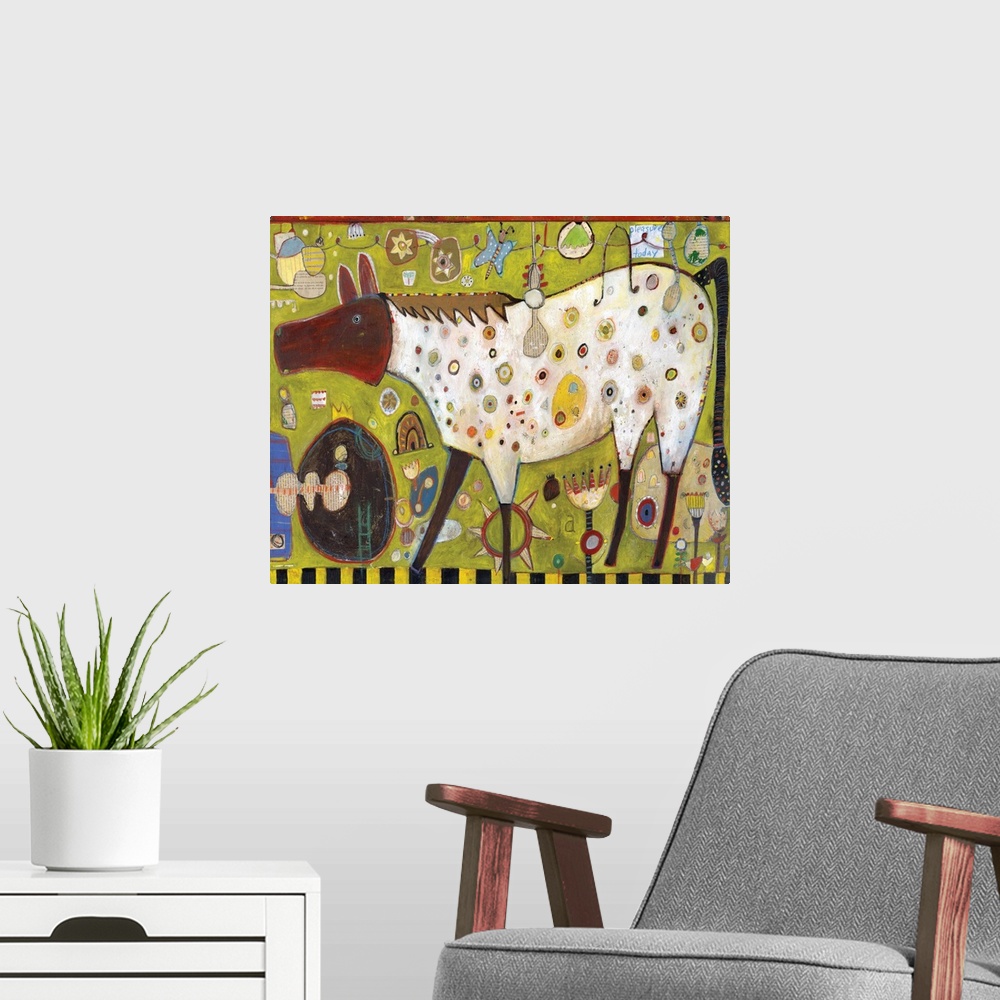 A modern room featuring Lighthearted contemporary painting of a horse against a green background.