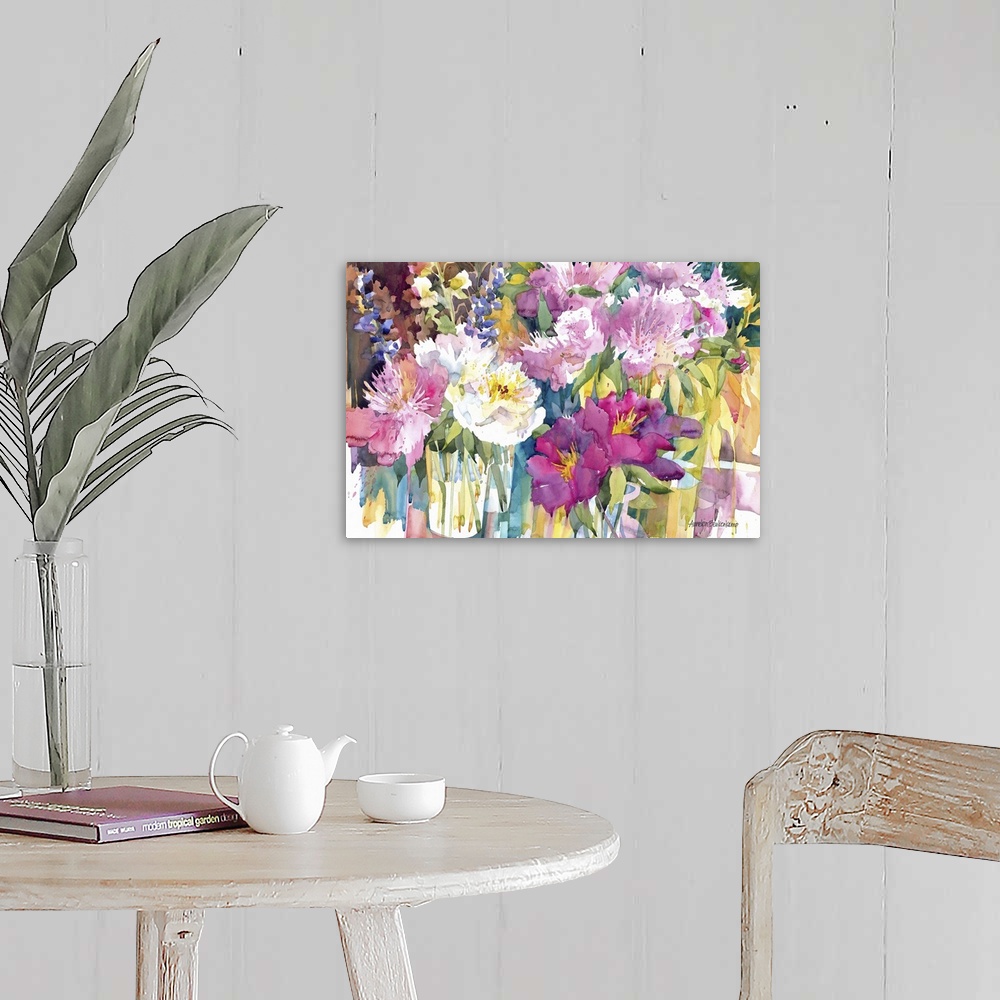 A farmhouse room featuring Contemporary watercolor painting of a flower still-life.