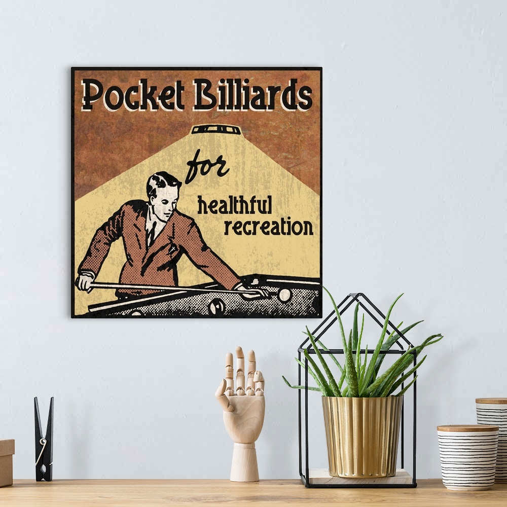 A bohemian room featuring Vintage style sign with a young man playing billiards.
