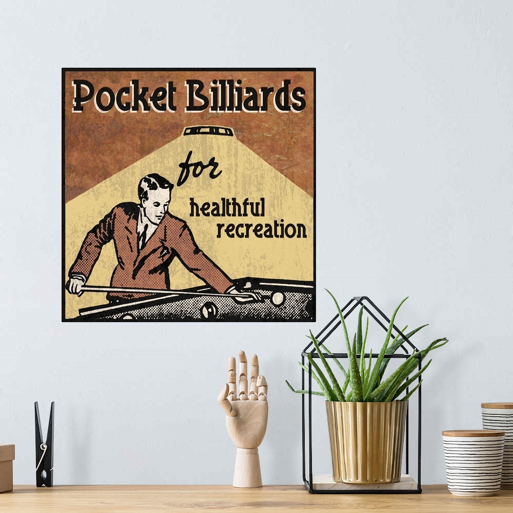 A bohemian room featuring Vintage style sign with a young man playing billiards.