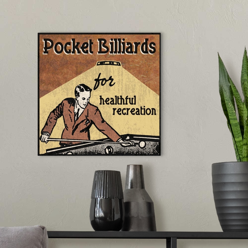 A modern room featuring Vintage style sign with a young man playing billiards.