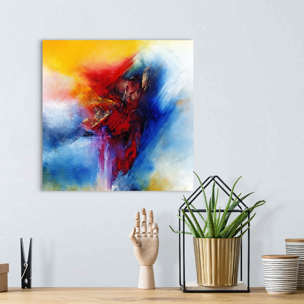 A bohemian room featuring Contemporary abstract painting using wild and vibrant splashes of color.