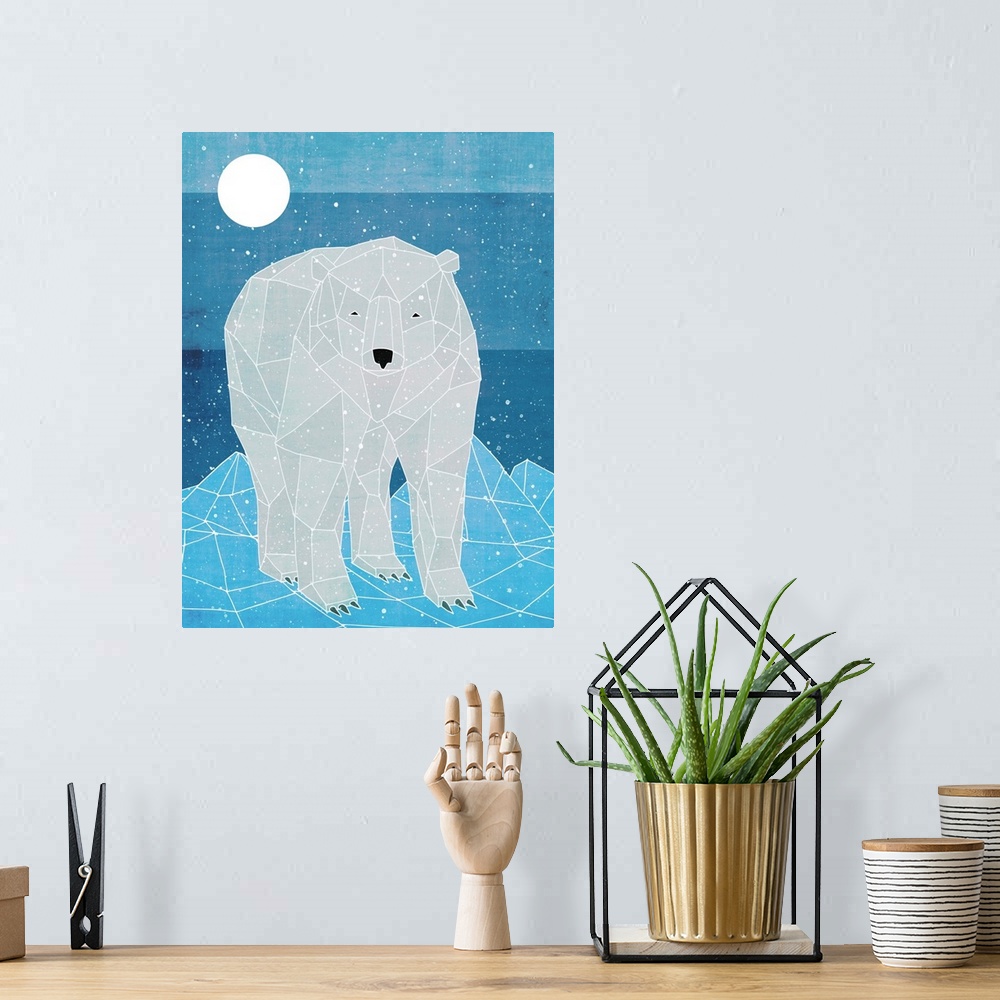 A bohemian room featuring Illustration of a polar bear created with geometric shapes in shades of grey and blue.