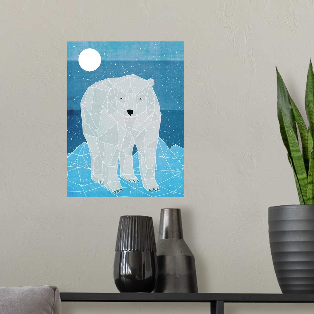 A modern room featuring Illustration of a polar bear created with geometric shapes in shades of grey and blue.