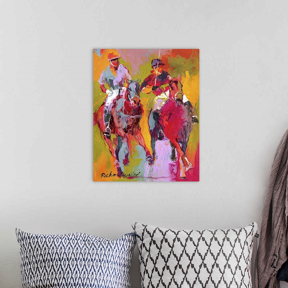 A bohemian room featuring Contemporary colorful painting of a polo match from atop horseback.