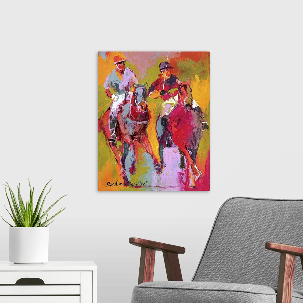 A modern room featuring Contemporary colorful painting of a polo match from atop horseback.