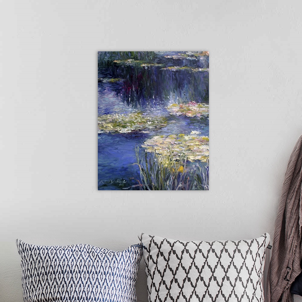 A bohemian room featuring Contemporary painting of a pond filled with water lilies.