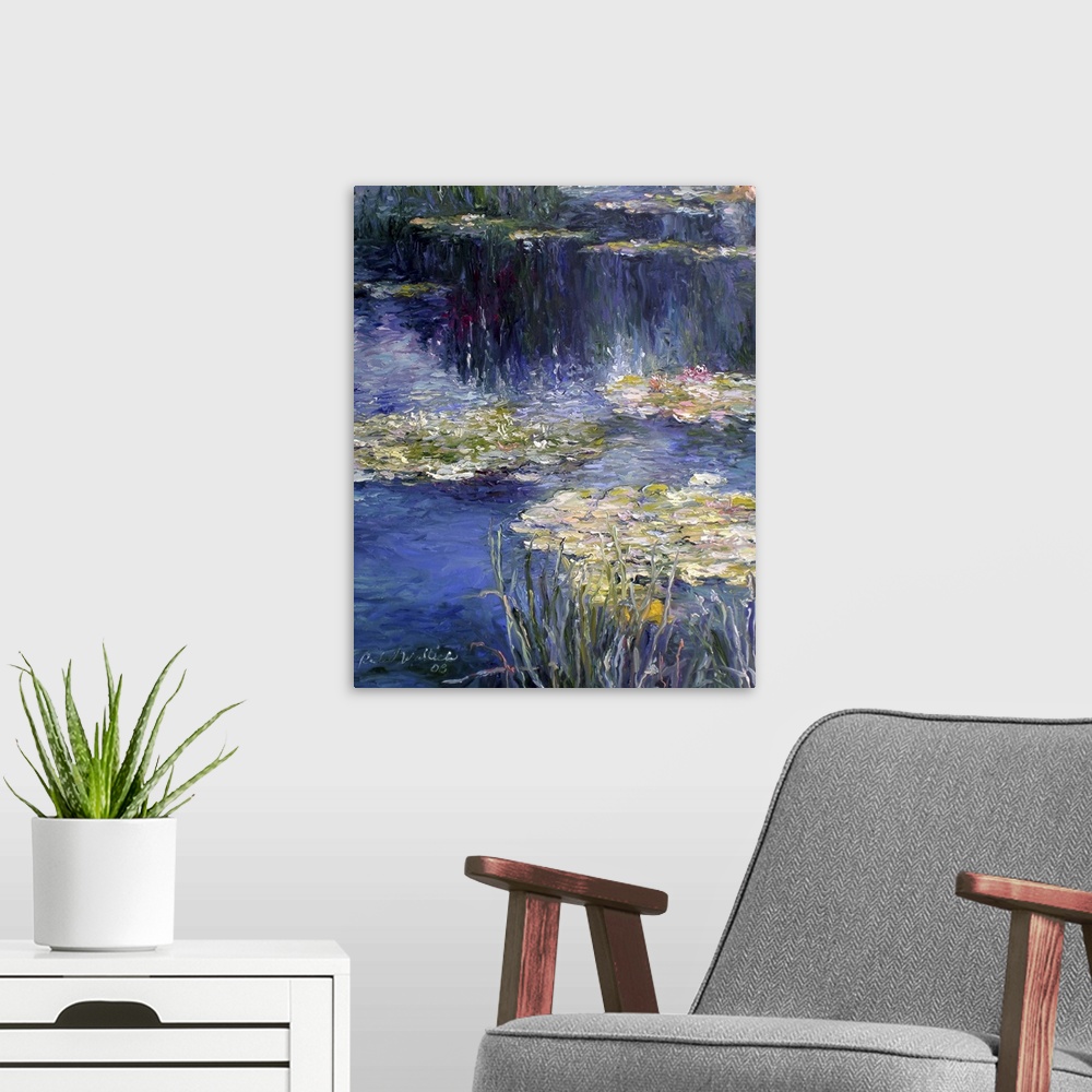 A modern room featuring Contemporary painting of a pond filled with water lilies.