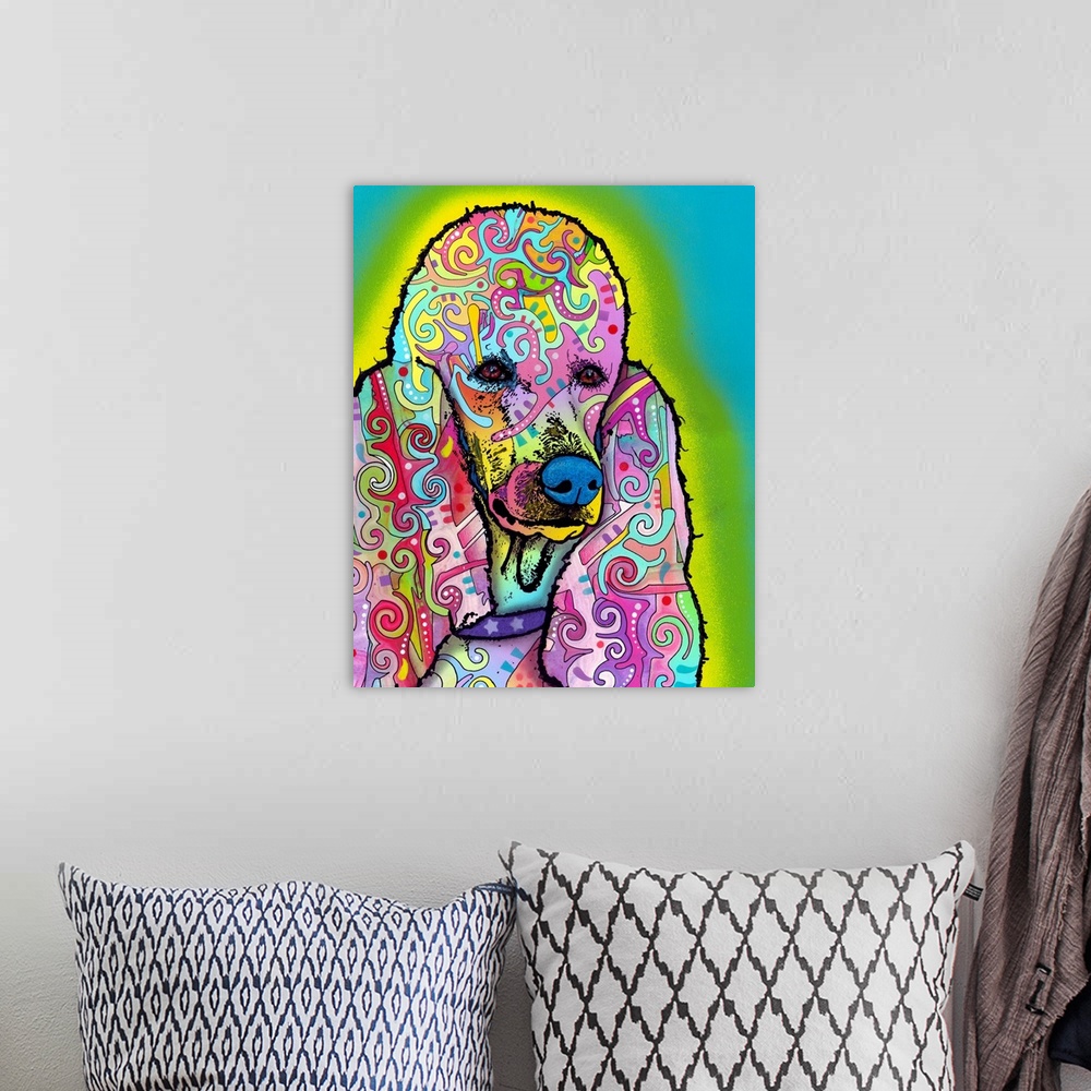 A bohemian room featuring Pop art style painting of a colorful poodle with abstract designs all over on a blue background w...