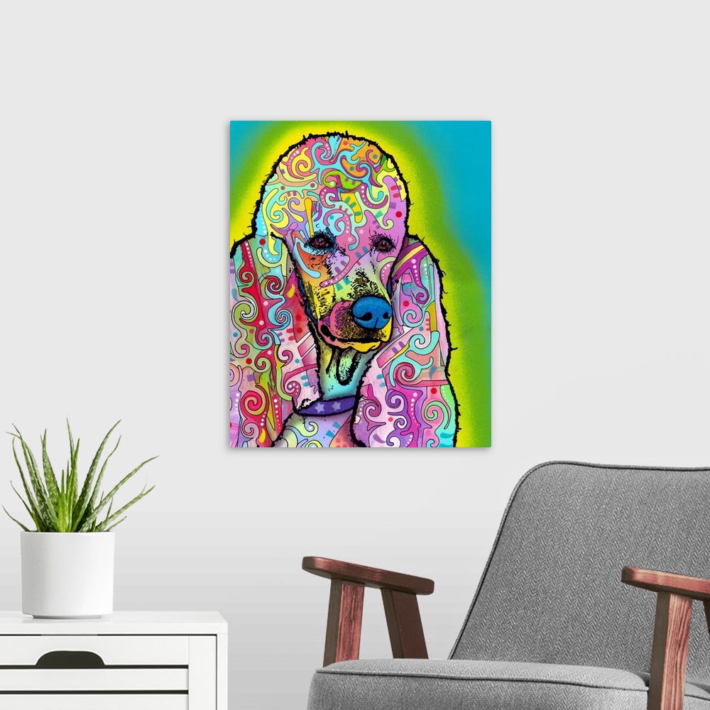 A modern room featuring Pop art style painting of a colorful poodle with abstract designs all over on a blue background w...