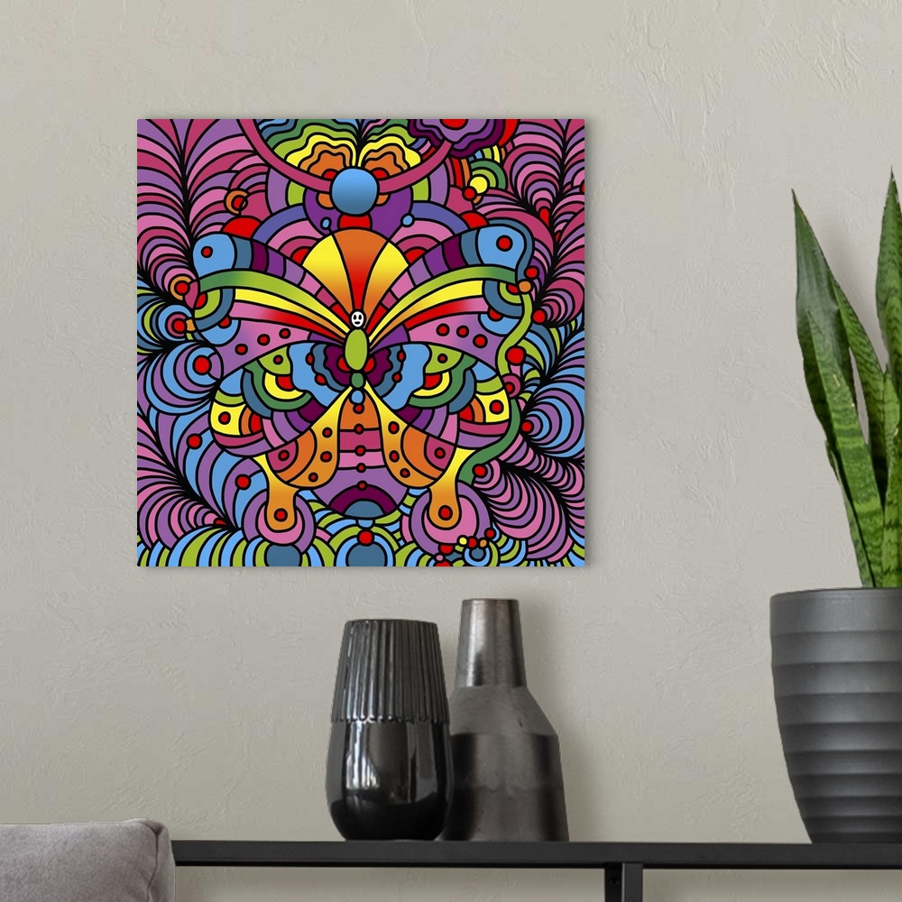 A modern room featuring Contemporary artwork of a kaleidoscope-like image with mirrored colorful shapes.