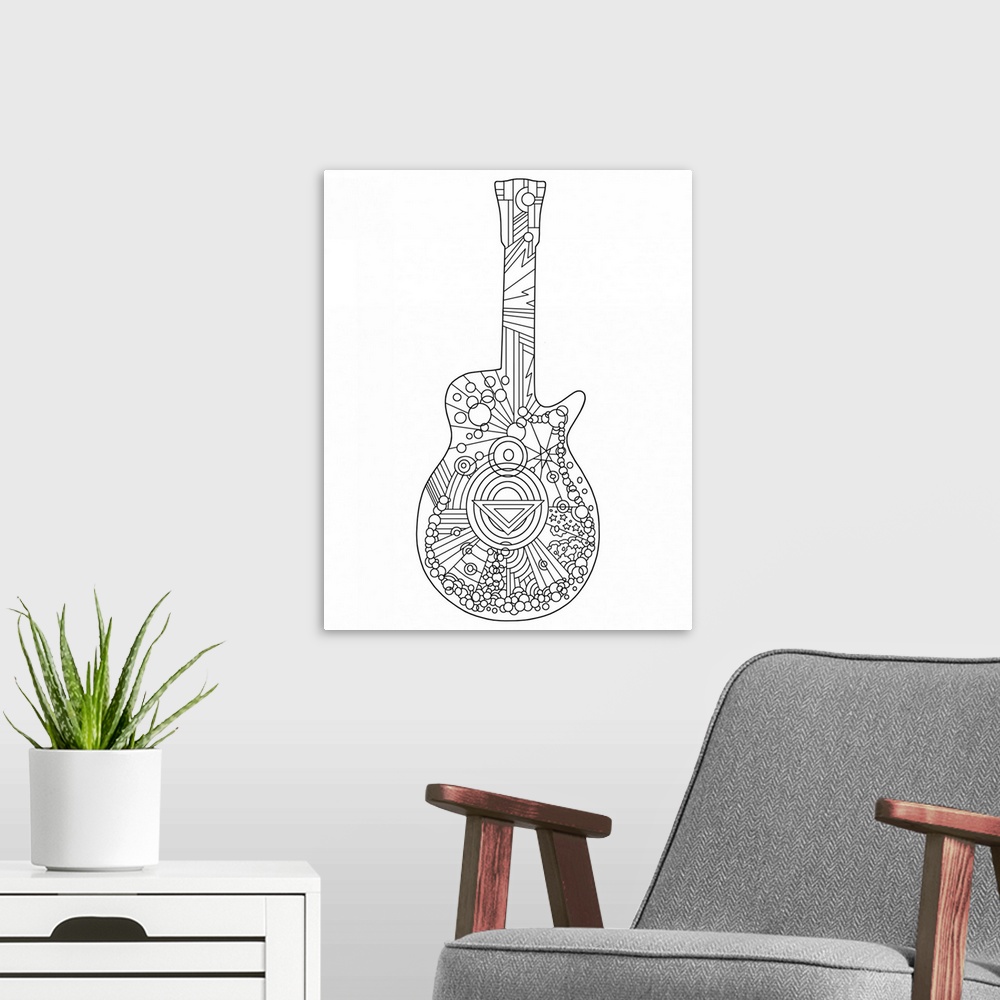 A modern room featuring Black and white line art of a guitar.