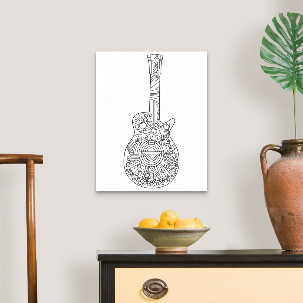 A traditional room featuring Black and white line art of a guitar.