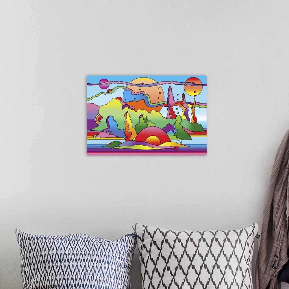 A bohemian room featuring Contemporary artwork of a sci-fi inspired colorful landscape.