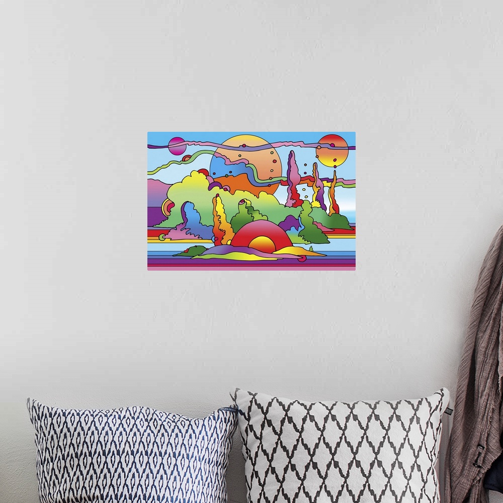 A bohemian room featuring Contemporary artwork of a sci-fi inspired colorful landscape.