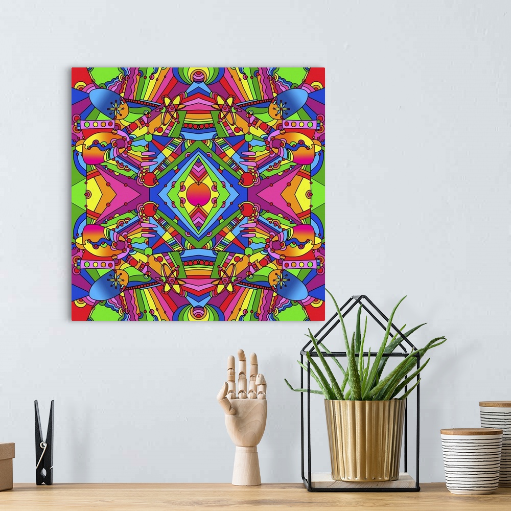 A bohemian room featuring Contemporary artwork of a kaleidoscope-like image with mirrored colorful shapes.