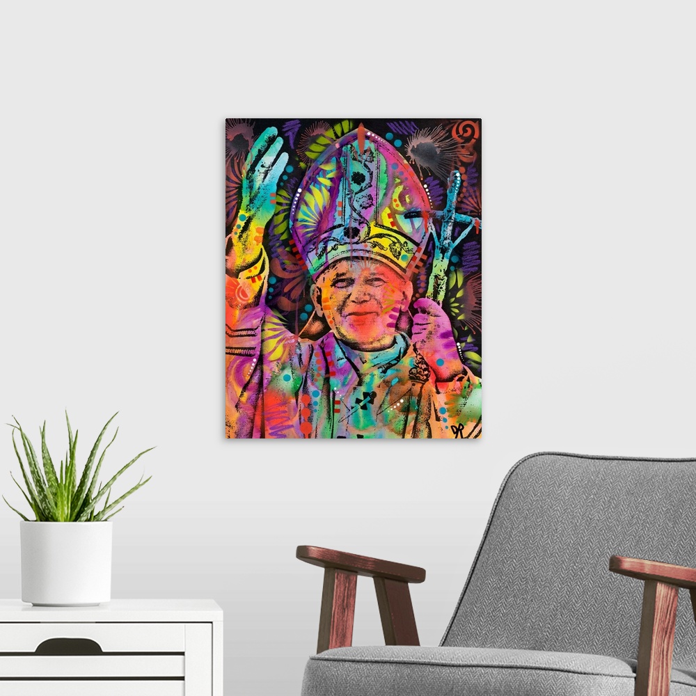 A modern room featuring Pop art style painting of Pope John Paul II covered in colorful abstract designs.