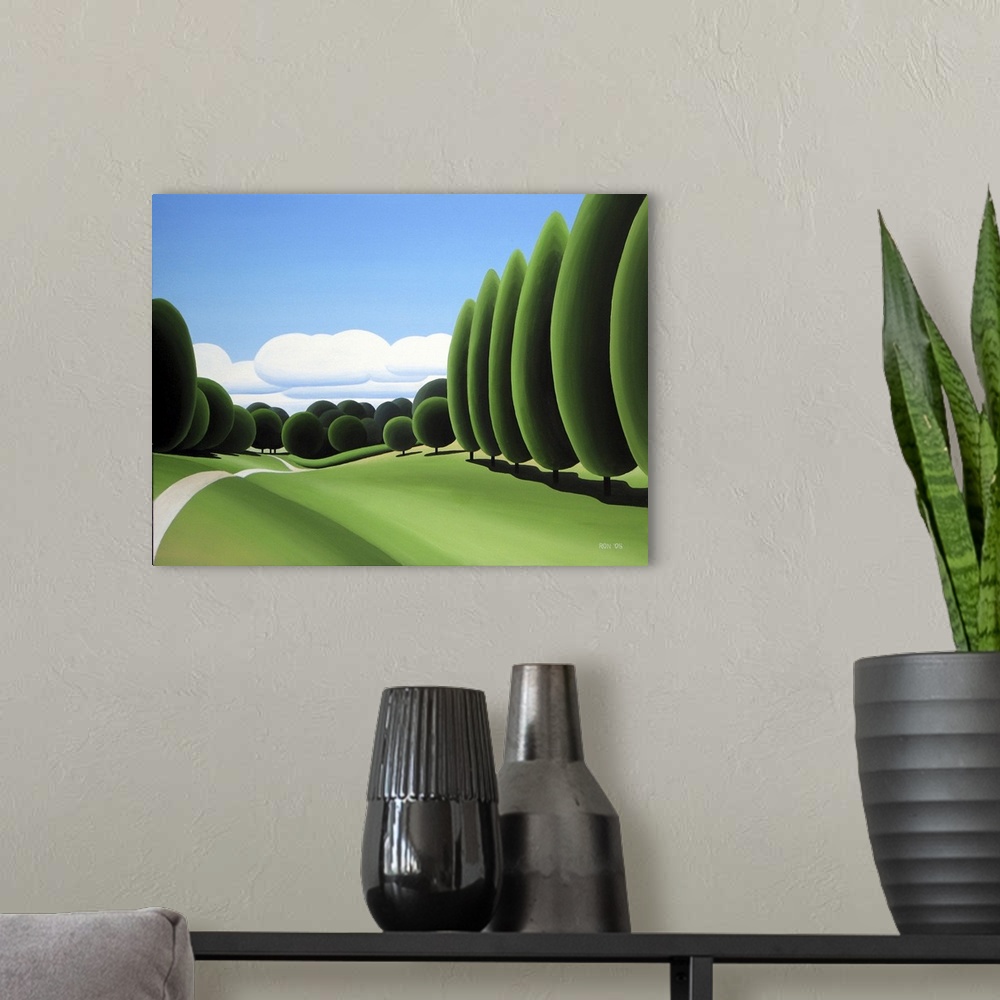A modern room featuring Contemporary painting of a green field with trees.