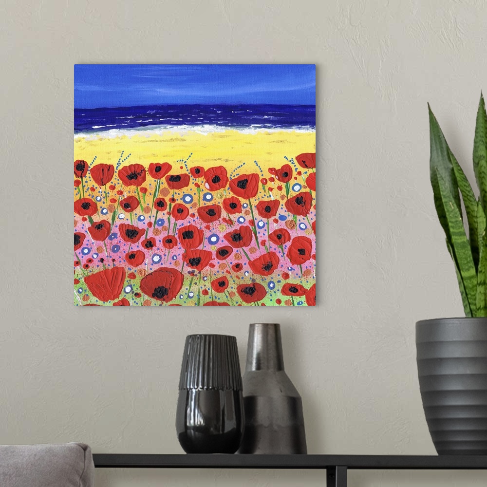A modern room featuring A painting of wildflowers on the beach.