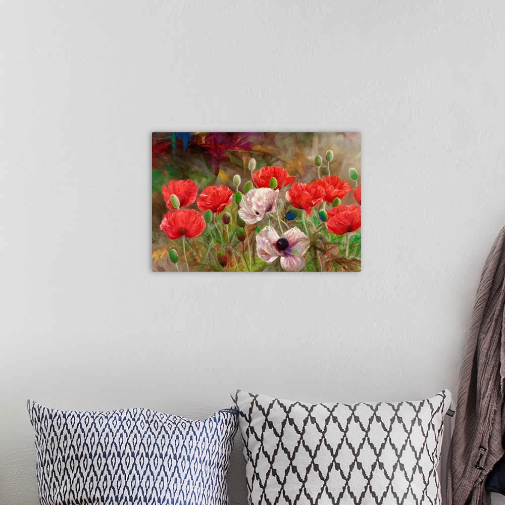 A bohemian room featuring Contemporary painting of a group of poppies.