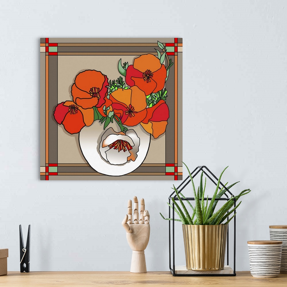 A bohemian room featuring Contemporary artwork of a bouquet of red flowers in a white vase.