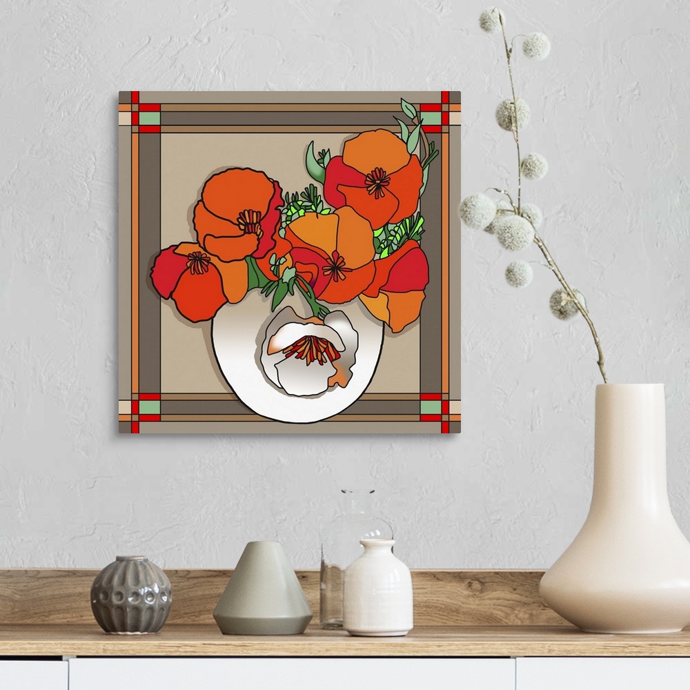 A farmhouse room featuring Contemporary artwork of a bouquet of red flowers in a white vase.