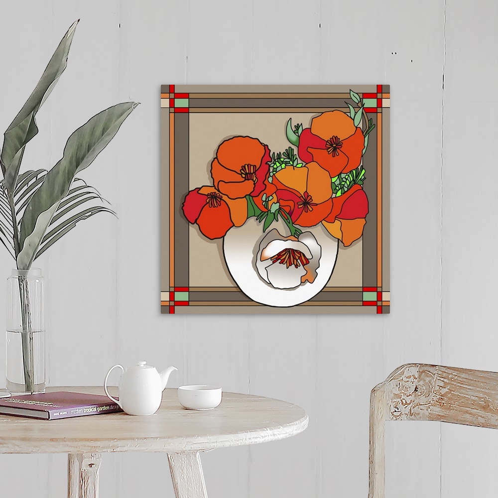 A farmhouse room featuring Contemporary artwork of a bouquet of red flowers in a white vase.