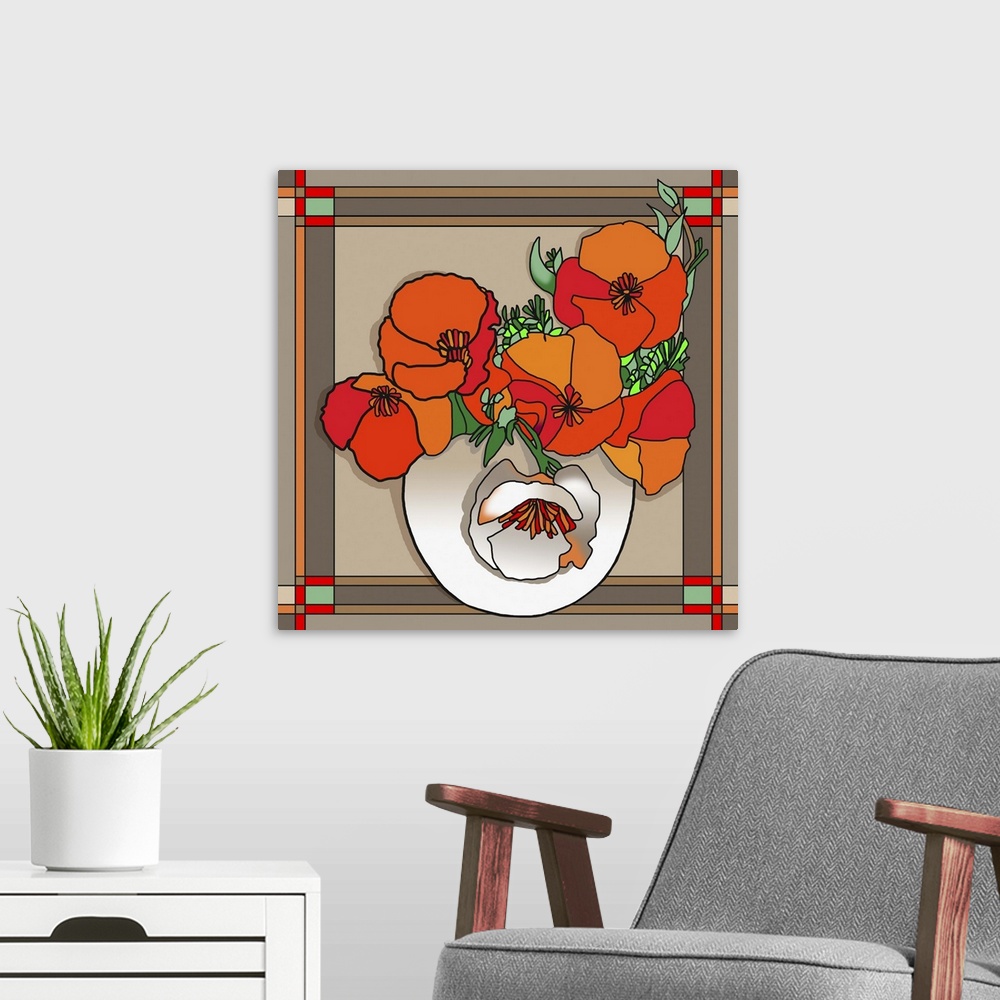 A modern room featuring Contemporary artwork of a bouquet of red flowers in a white vase.