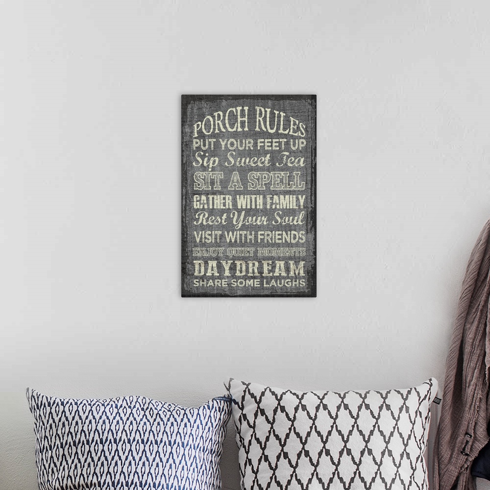 A bohemian room featuring Porch Rules