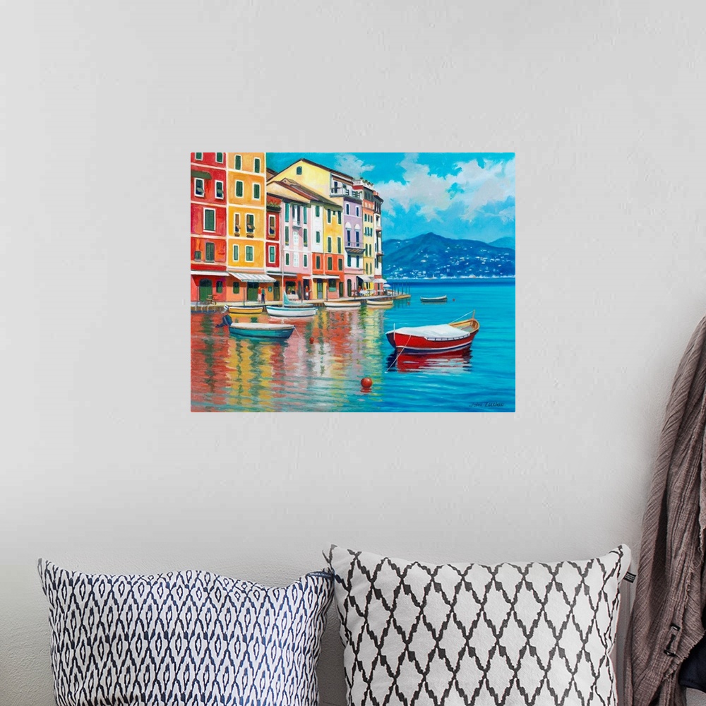 A bohemian room featuring A calm and serene contemporary painting of several boats at an Italian waterfront