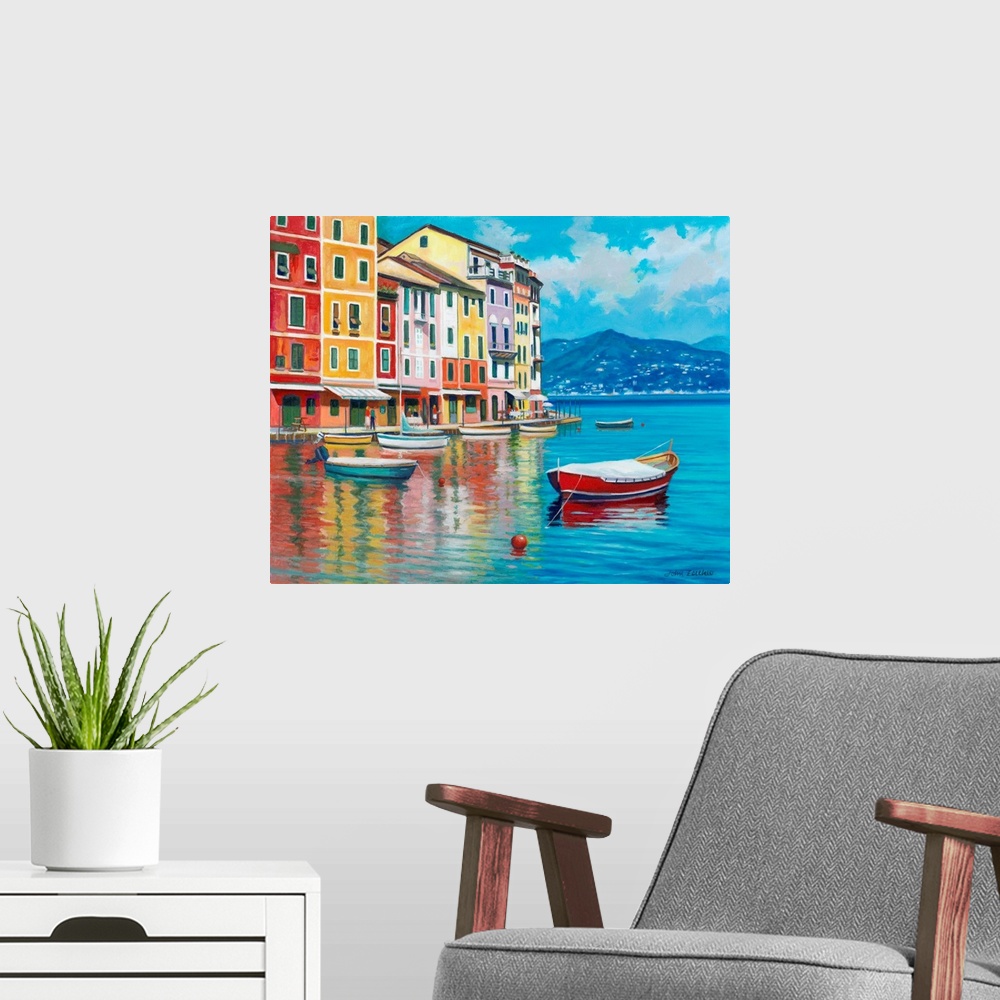 A modern room featuring A calm and serene contemporary painting of several boats at an Italian waterfront