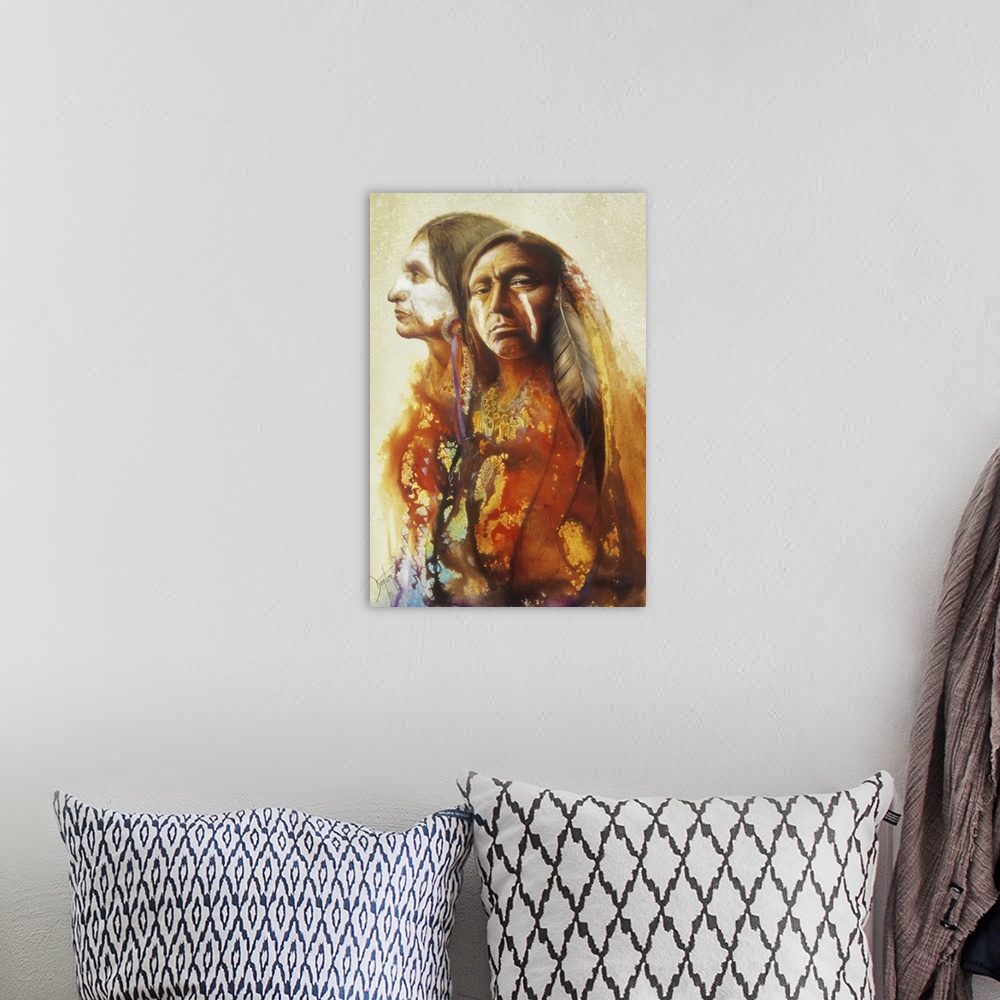 A bohemian room featuring A contemporary painting of two Native American men seen with vibrant dripping colors streaming do...
