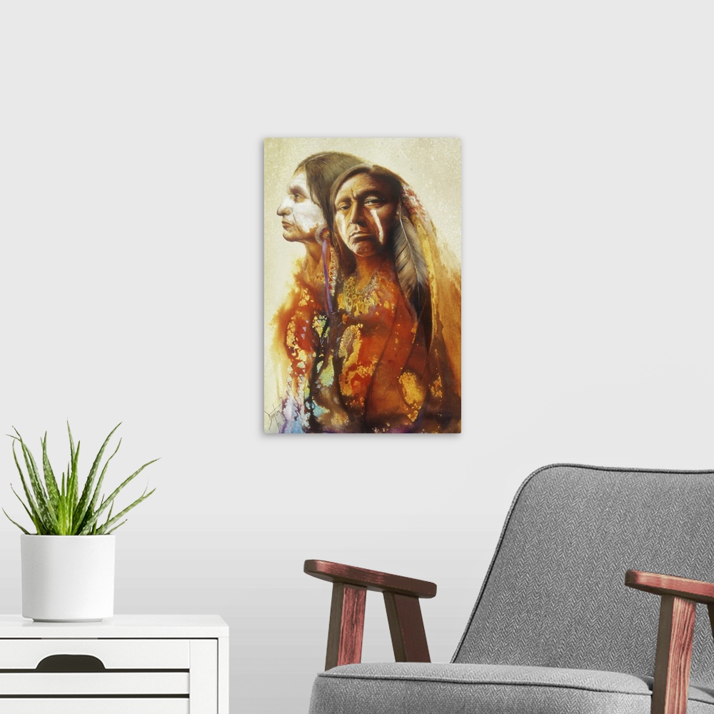 A modern room featuring A contemporary painting of two Native American men seen with vibrant dripping colors streaming do...