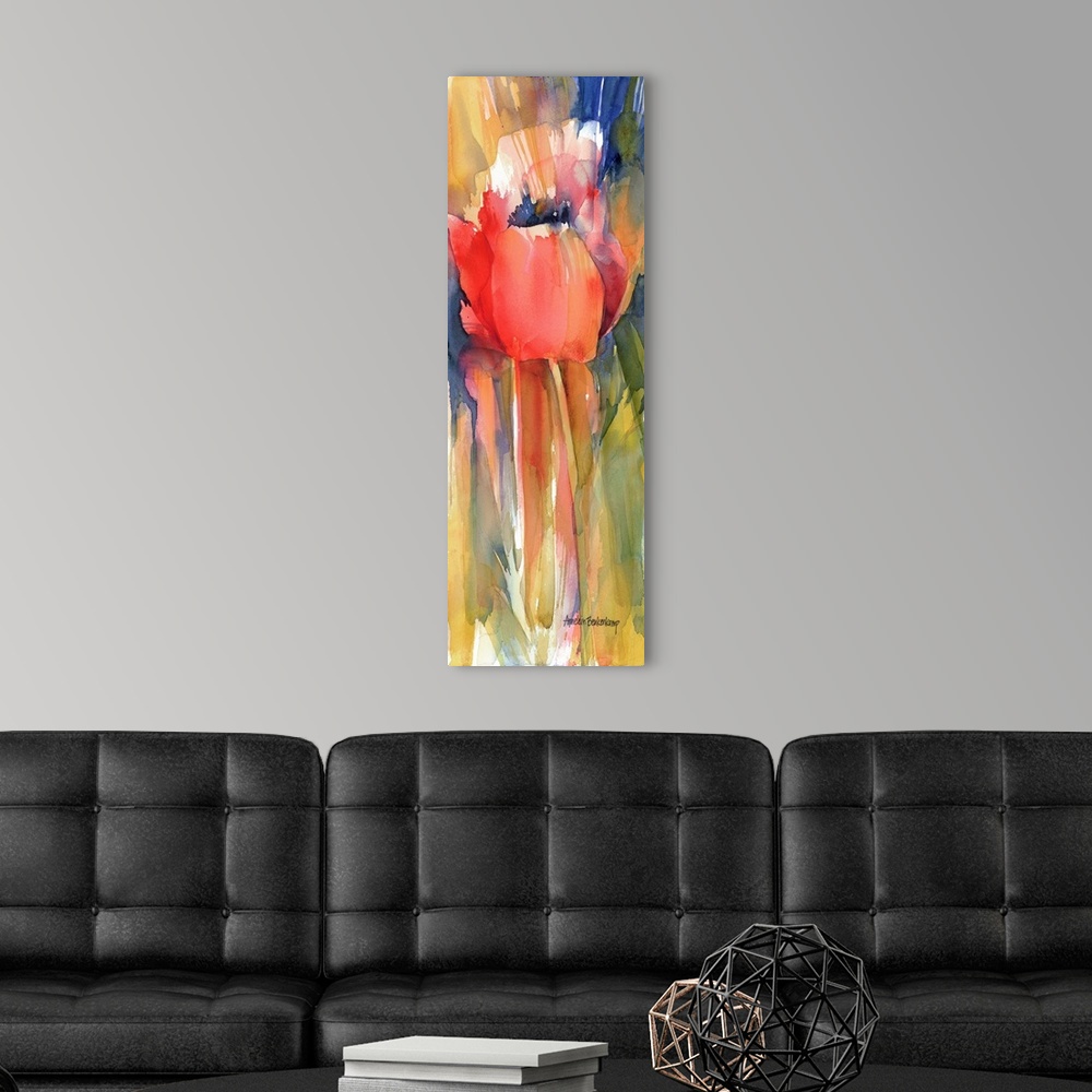 A modern room featuring Contemporary watercolor painting of a flower still-life.