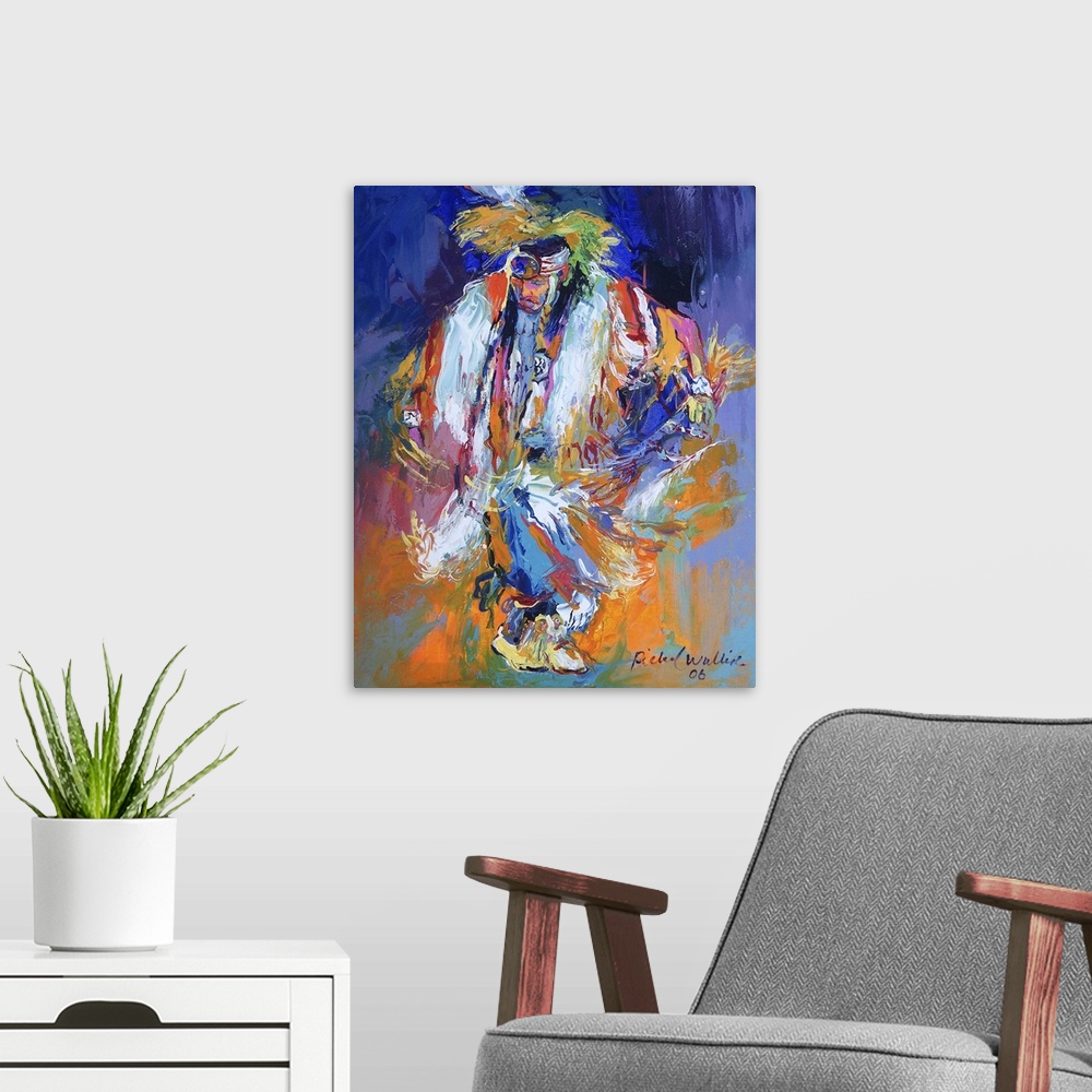A modern room featuring Contemporary vibrant colorful painting of a traditionally dressed native American.