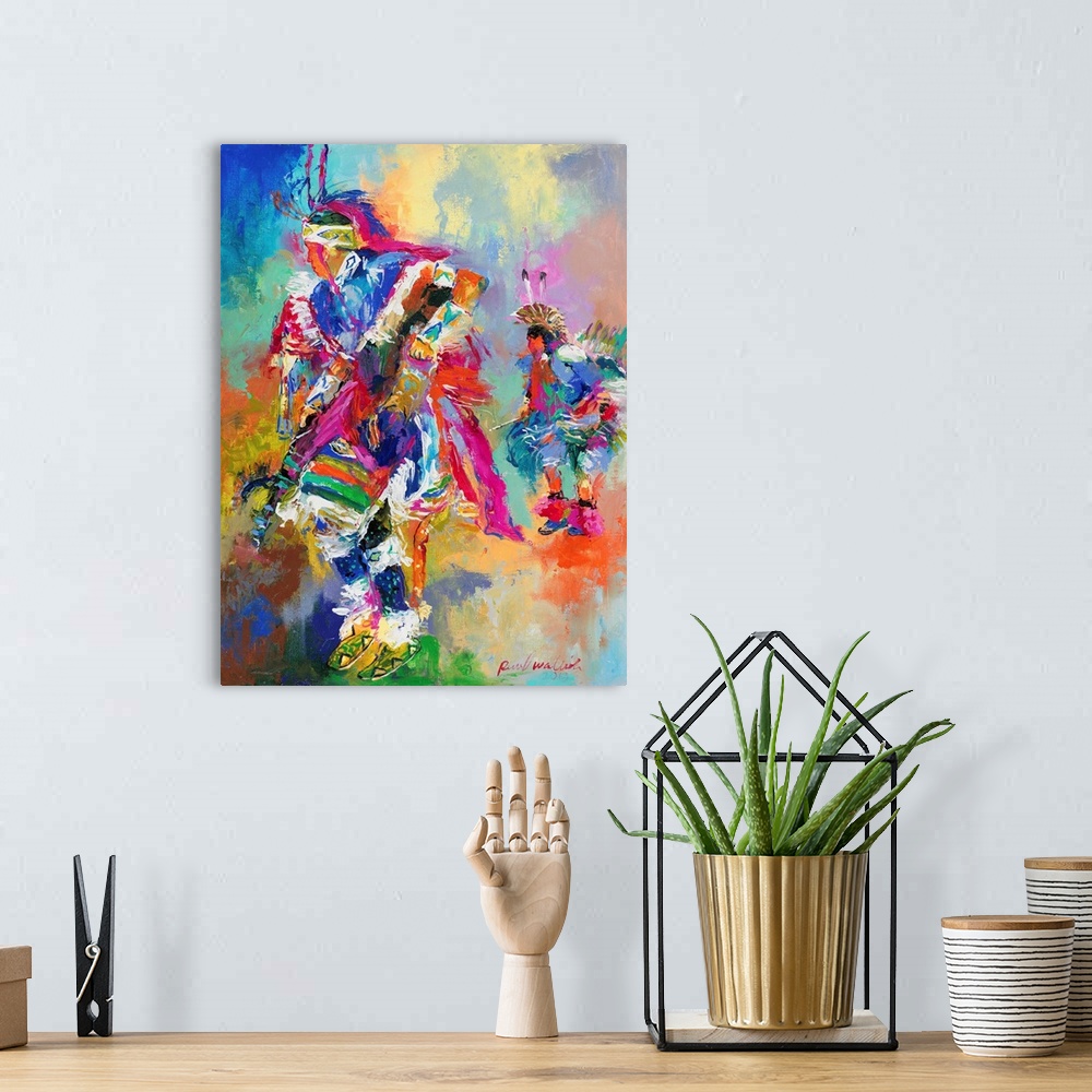 A bohemian room featuring Colorful abstract painting of two Native American chiefs dancing at a pow wow.