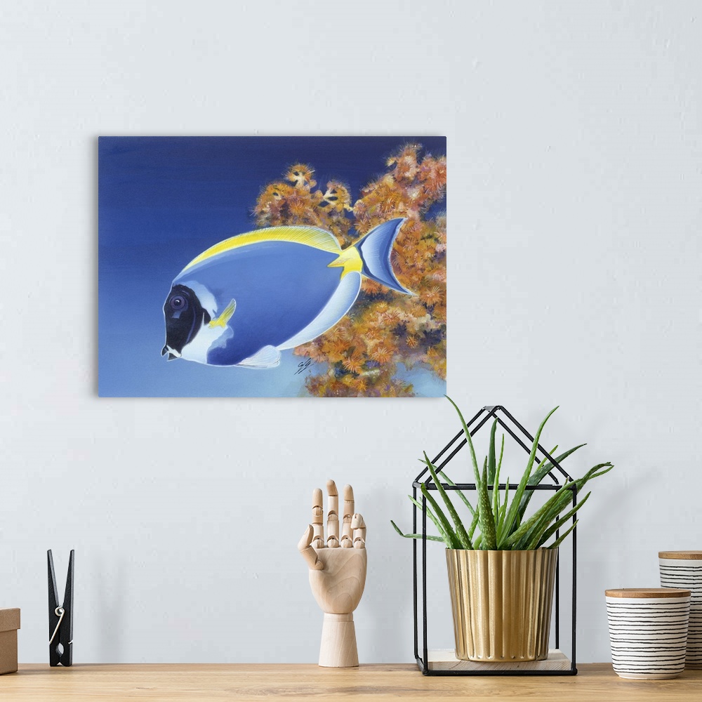 A bohemian room featuring Contemporary painting of a tropical blue fish.