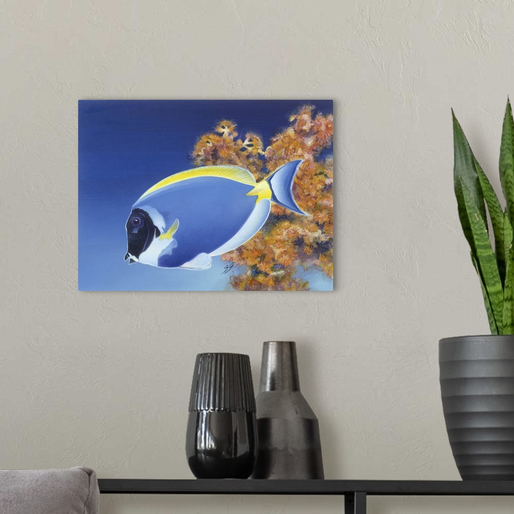 A modern room featuring Contemporary painting of a tropical blue fish.
