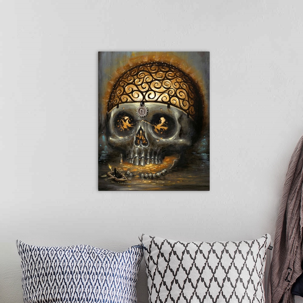A bohemian room featuring Surrealist painting of a human skull with the top half of the skull a wire cage frame with light ...